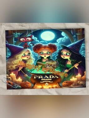 Prada Halloween Metal Poster — Witches in Purple & Green with Orange Accents